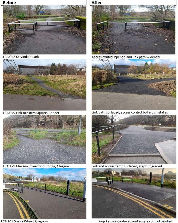 A series of before and after photos showing repairs made to the canal path